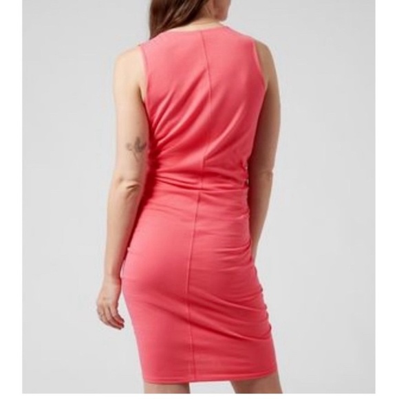 ATHLETA PINK CORAL RUCHED BODYCON LINED STELLA DRESS - Picture 3 of 8